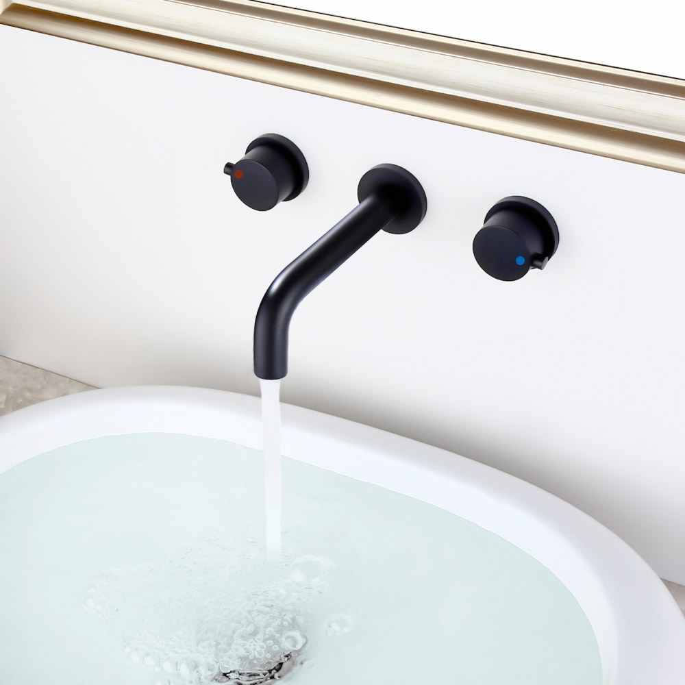 Stev Modern Matte Black Wall-Mount Bathroom Basin Mixer Tap With Double ...