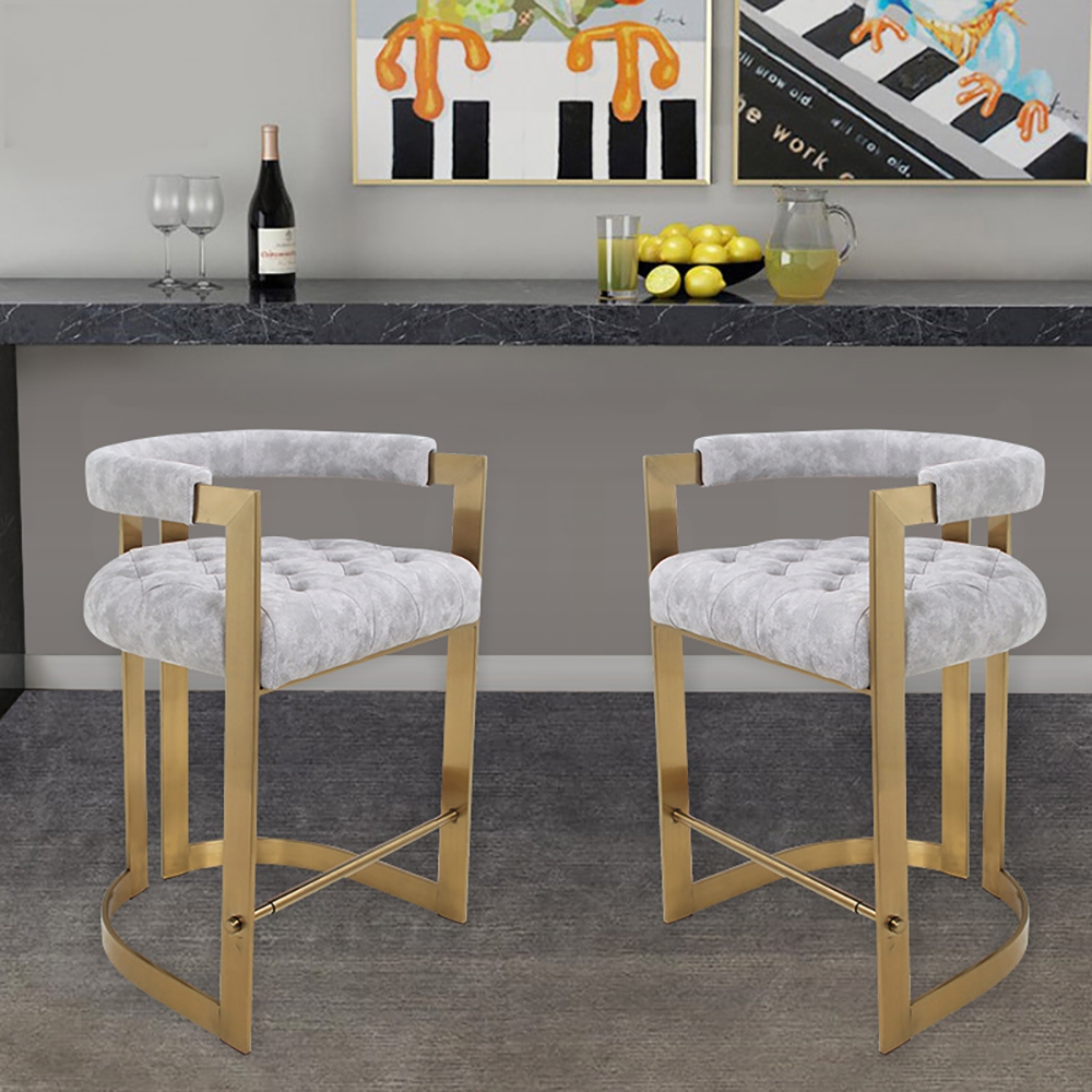 Image of Modern Bar Height Bar Stool with Back Gray Velvet Upholstery Counter Stool in Gold