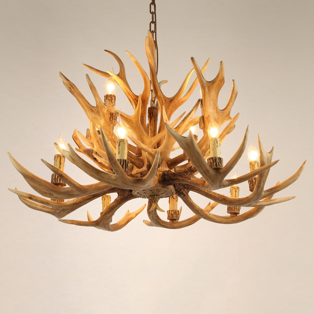 Rustic Style Resin Antler Whitetail Branch 2-Tier 12 Candle Light Large Cascade Chandelier