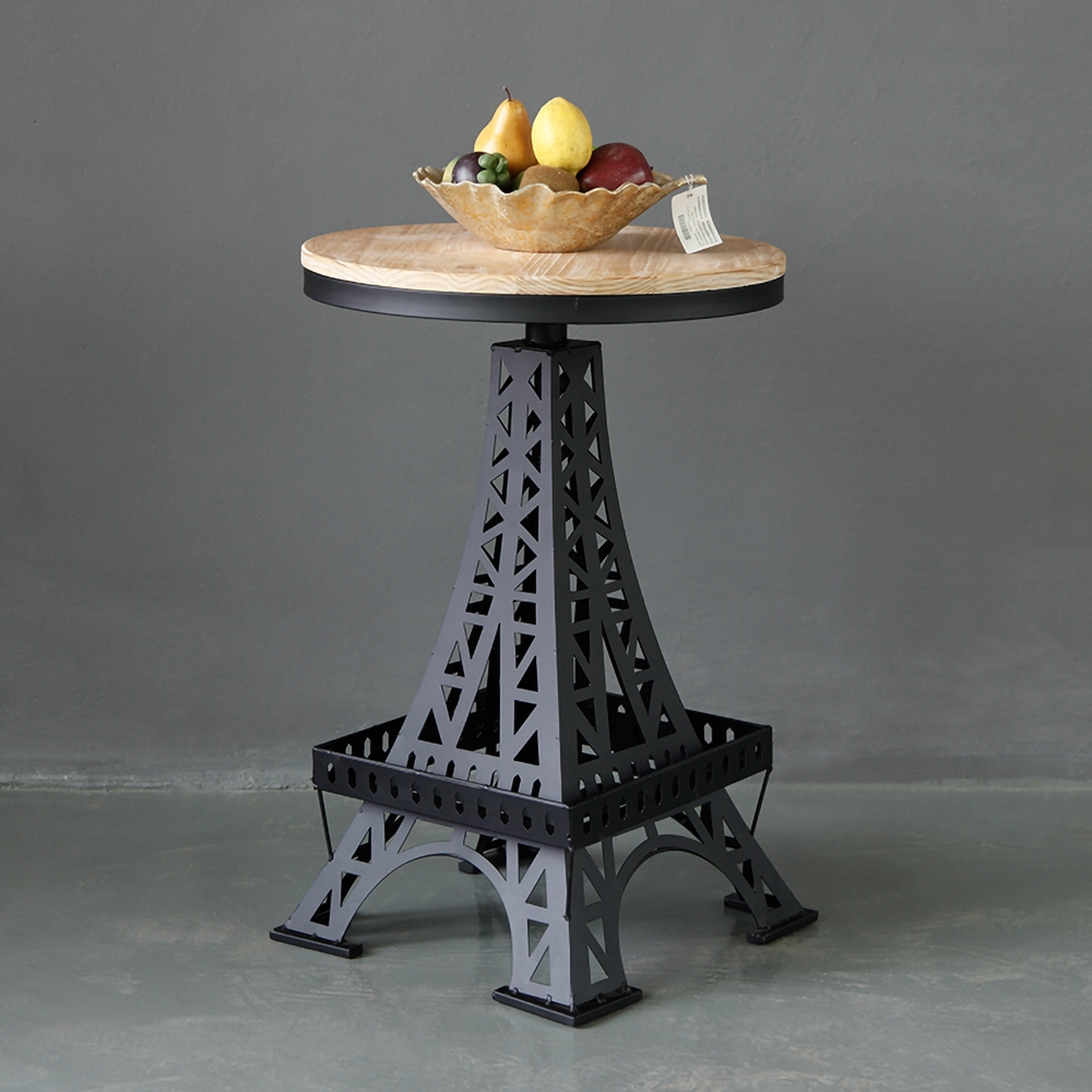 

Modern Black Coffee End Table Pine Wood Round Tabletop Metal Tower Legs