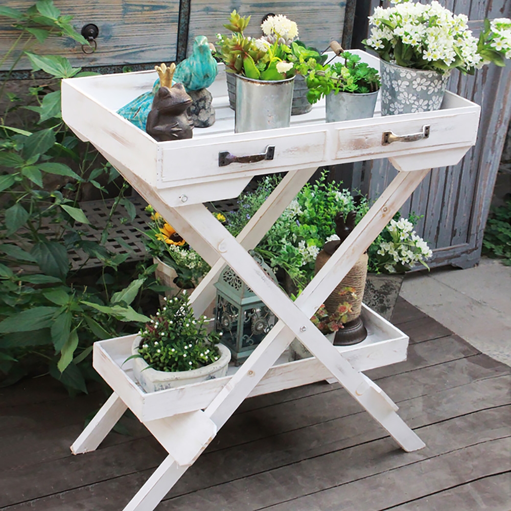 Distressed 2-tiered Plant Stand In White
