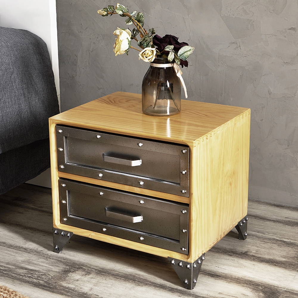 Industrial End Table with Drawers Retro Side Table