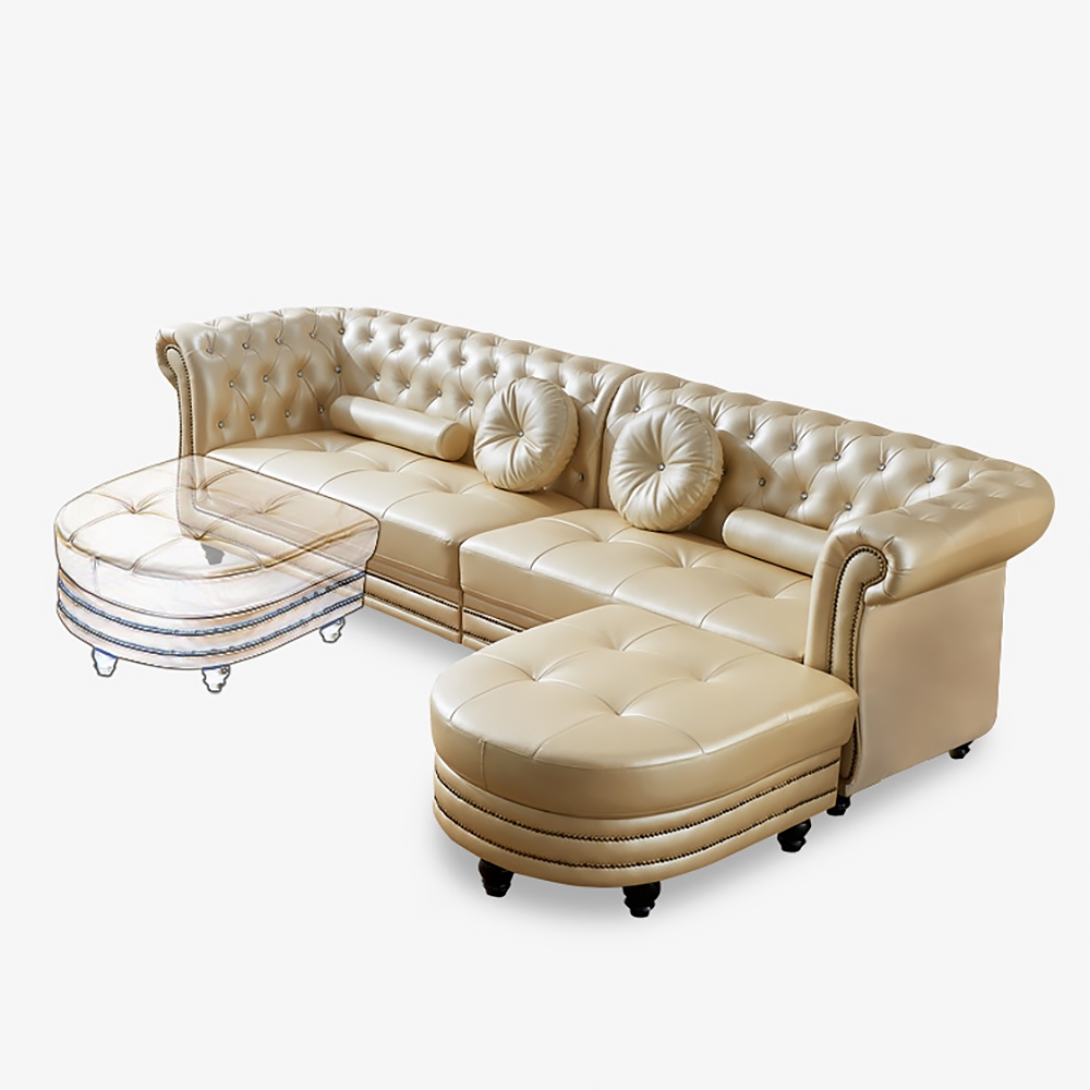 Champagne 4-Seater Chesterfield Sofa with Ottoman Upholstered Faux Leather Sofa