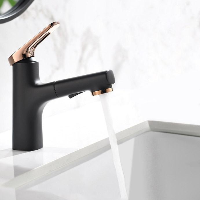 

Black&Gold Single Handle Bathroom Sink Faucet with Pullout Sprayer Solid Brass