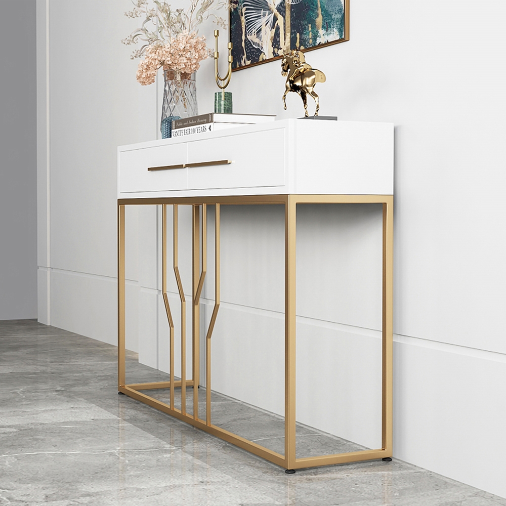 Narrow Console Table with Drawers Wood Top in White