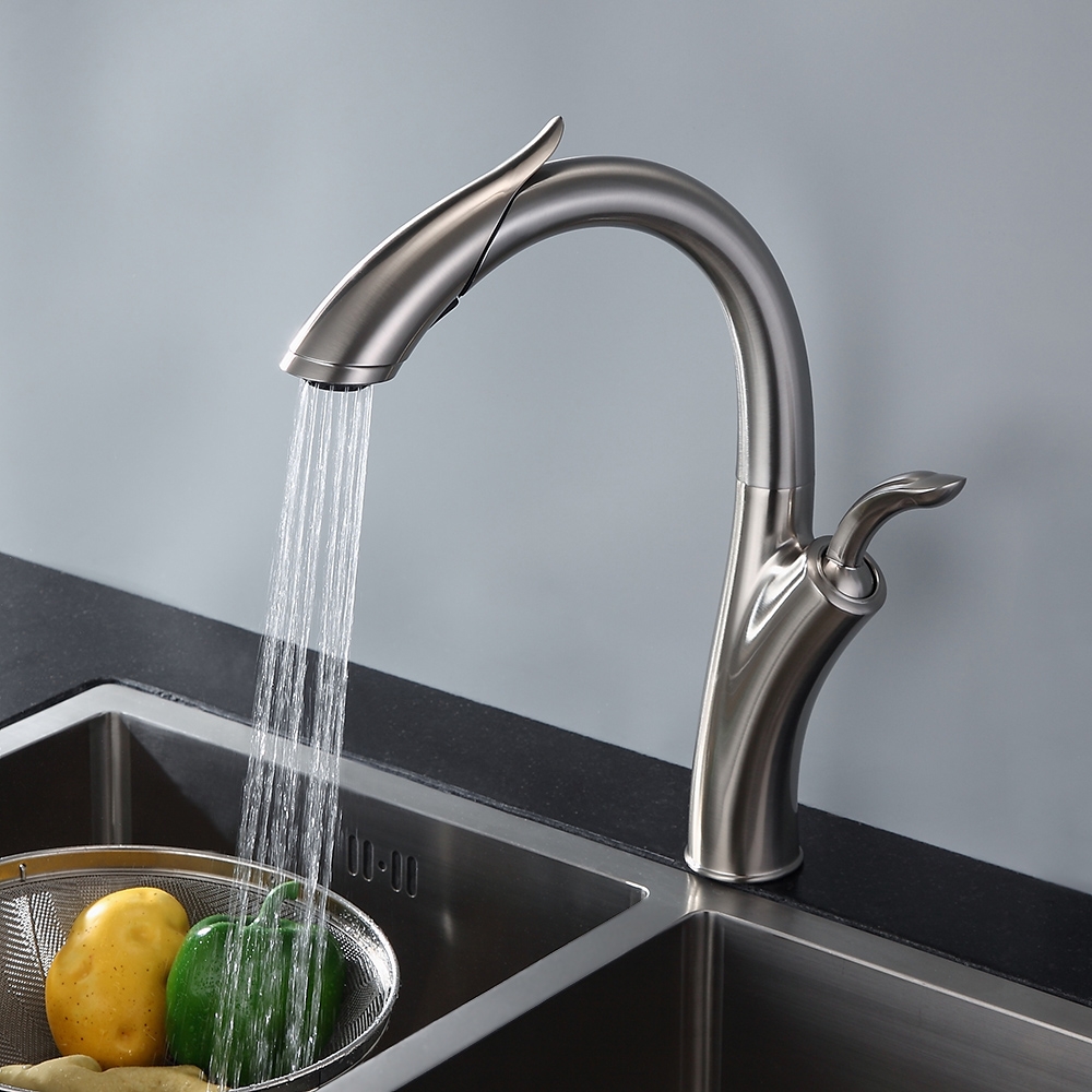 Modern Pull Down Single Handle Brushed Nickel Single Hole High Arc Kitchen Faucet
