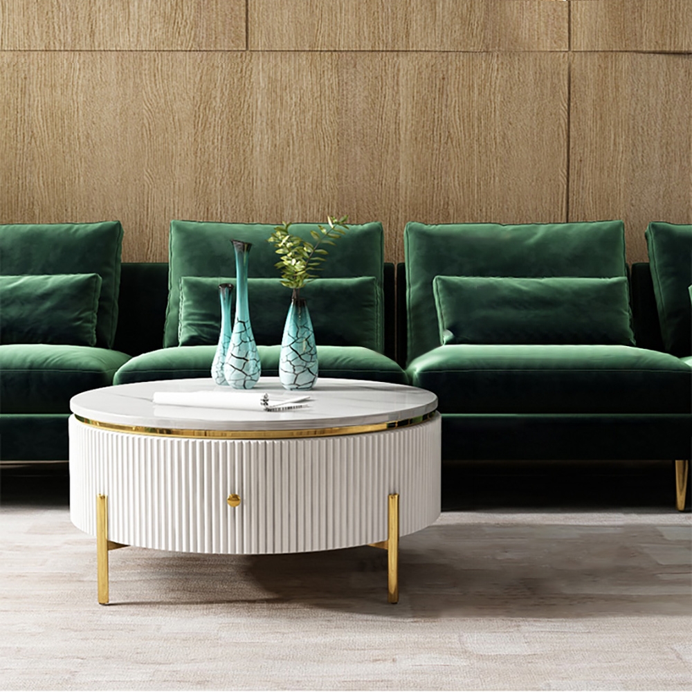 Yelly Modern Round Coffee Table with Storage Marble Accent Table Stainless Steel Gold