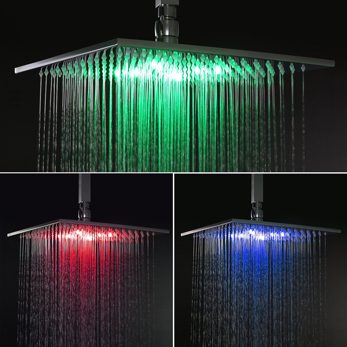 Modern Ceiling Mounted Thermostatic LED 16" Rain Shower System with Handheld Shower & 6 Body Sprays in Polished Chrome