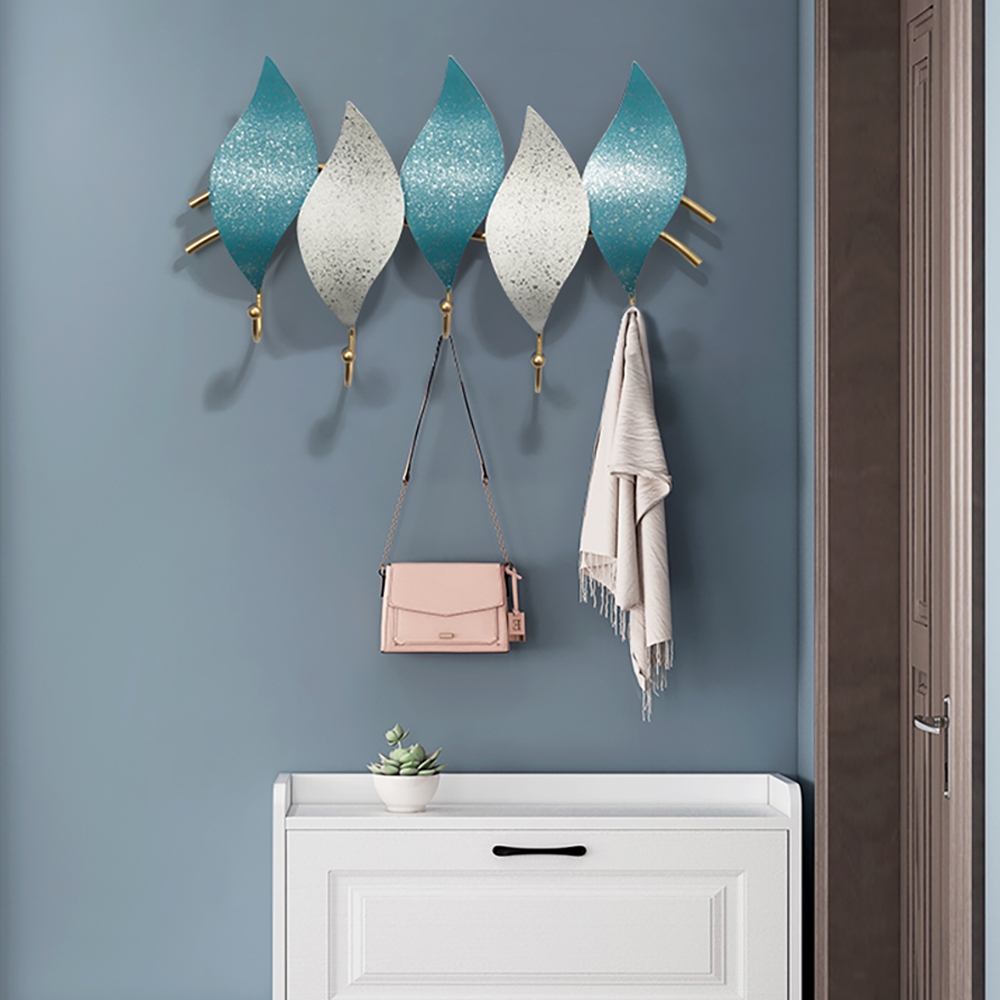 Modern Blue & White Entryway Wall Mounted Coat Rack With 7 Hooks Set Of 2