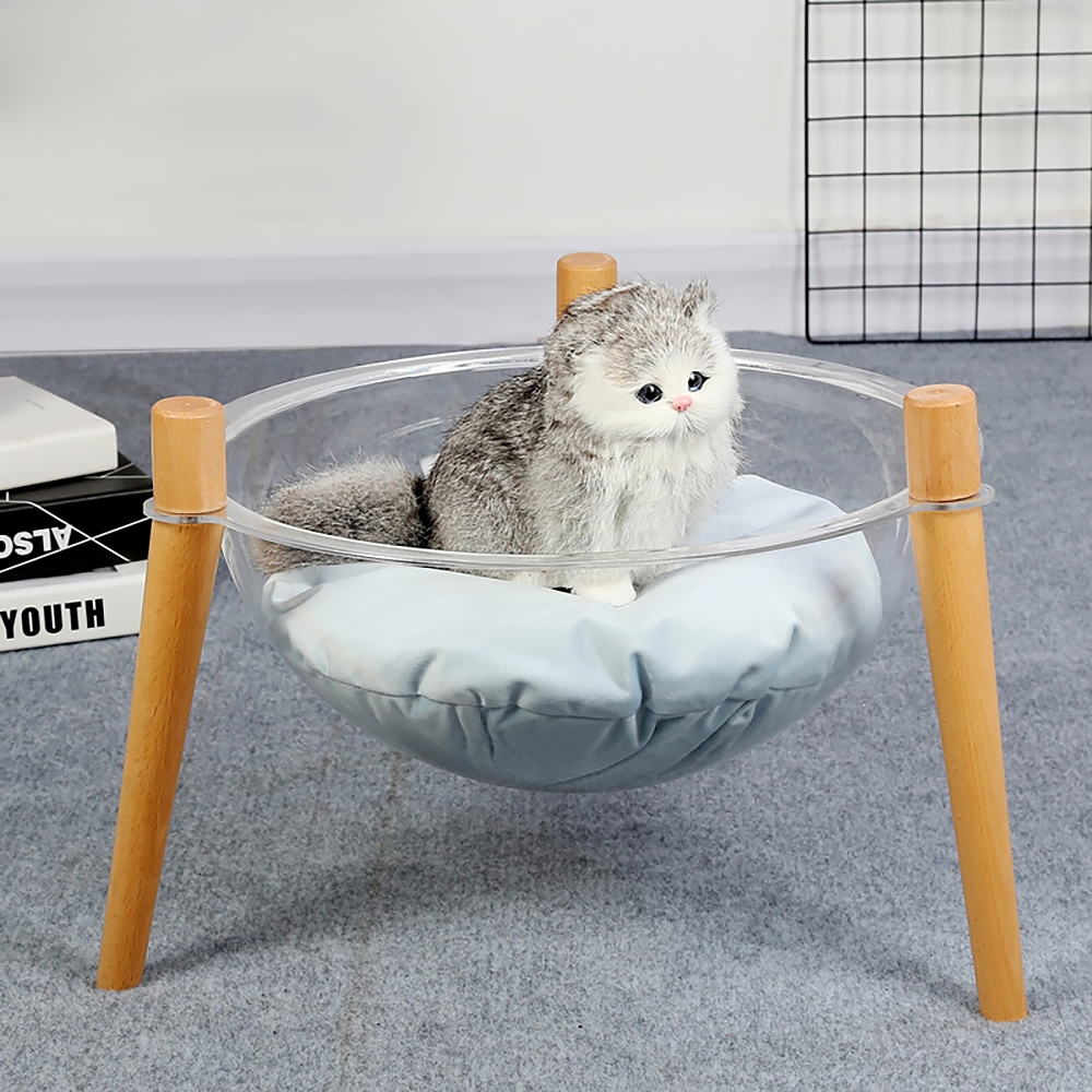 16.5" Acrylic Cat Bed Round Cat Nest Clear Bowl-shape Tripod Solid Wood