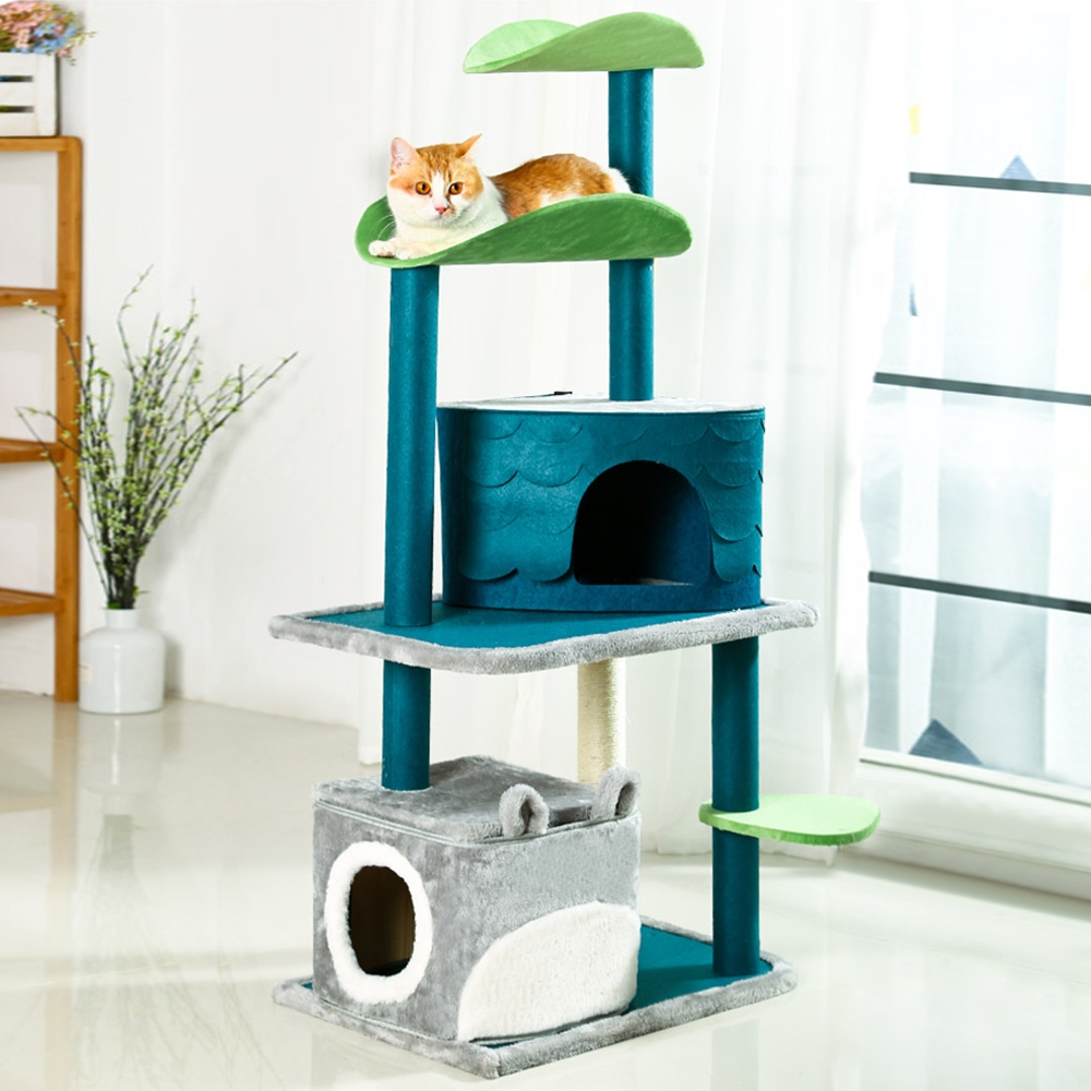 52" Blue & Gray 5-tier Cat Tree Cat Apartment With Sisal Posts & Perch