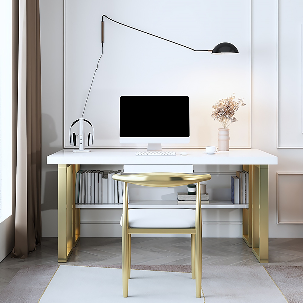 1400 mm moderner rechteckiger Computertisch in Weiß und Gold mit Schublade und Ablage