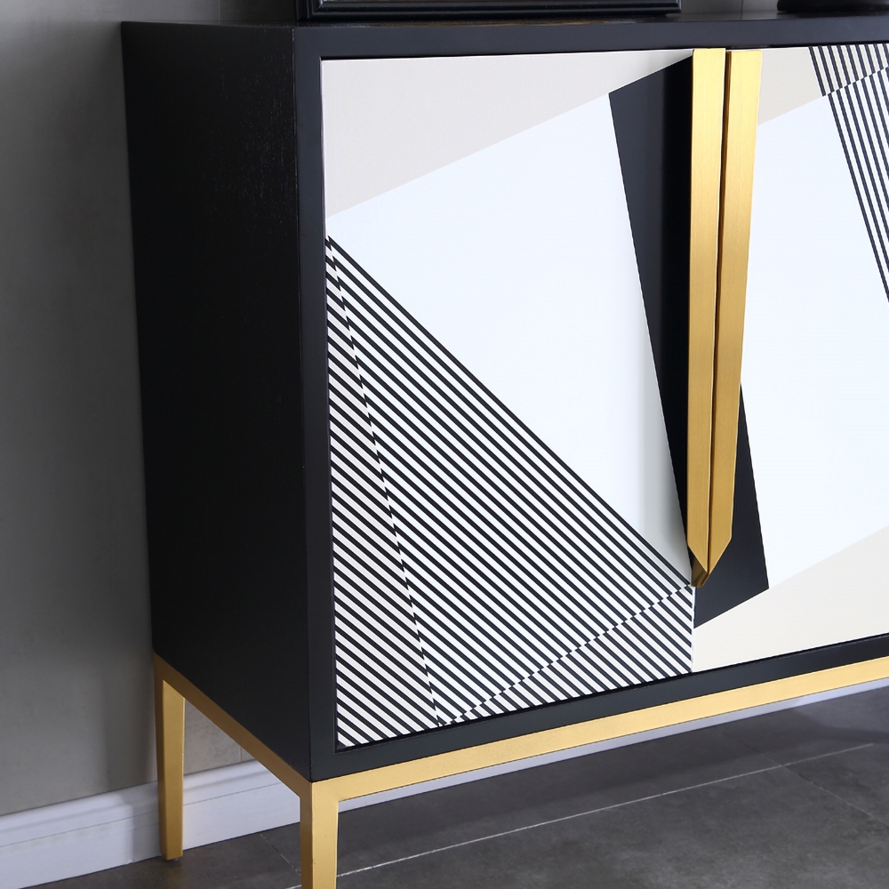 Black Kitchen Cabinet Buffet Table with Doors Geometric Patterns Stainless Steel in Gold