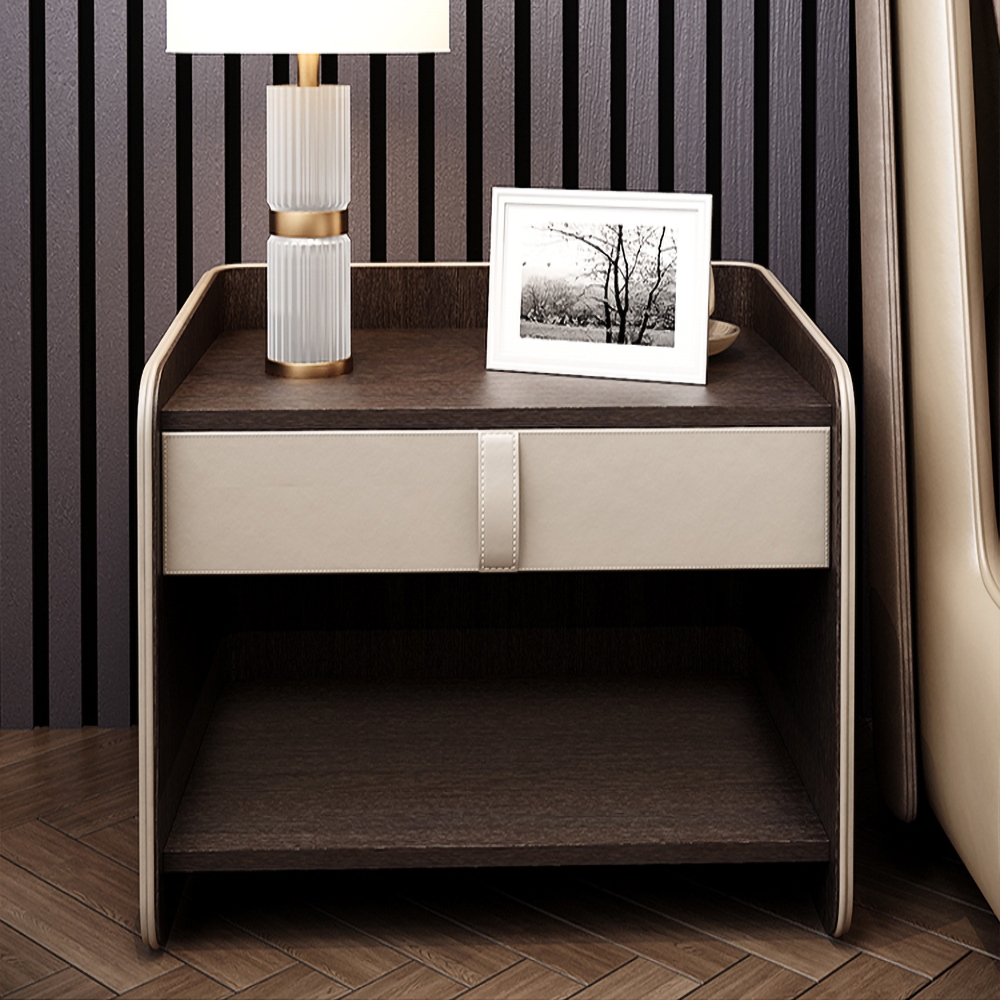 Modern Wood Nightstand Faux Leather Upholstery with Drawer & Shelf in Walnut