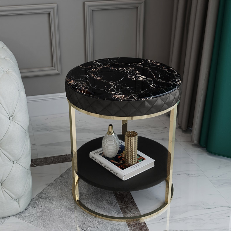 Black Round Faux Marble Side Table with Storage PU Leather Gold Finish