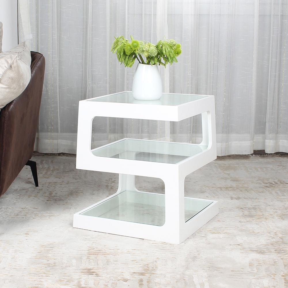 Modern Glass Side Table with 3 Tiers S-shaped End Table in White