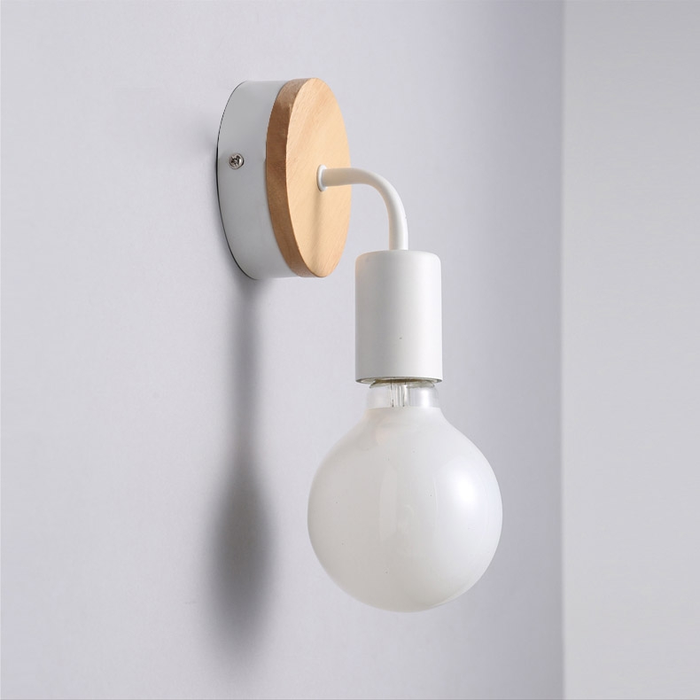 Minimalist Exposed Bulb Single-Light Wood Round Backplate Indoor Wall Lamp in White