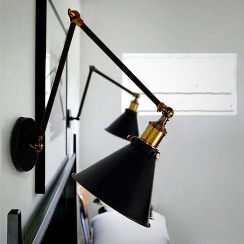 Image of Industrial Retro Double Swing Arm 1-Light Wall Sconce in Black & Brass