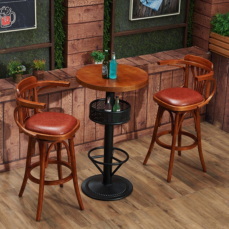 Industrial Round Bar Table Wood Pub Table Pedestal Base With Storage Shelf & Foot Ring In Walnut & Black