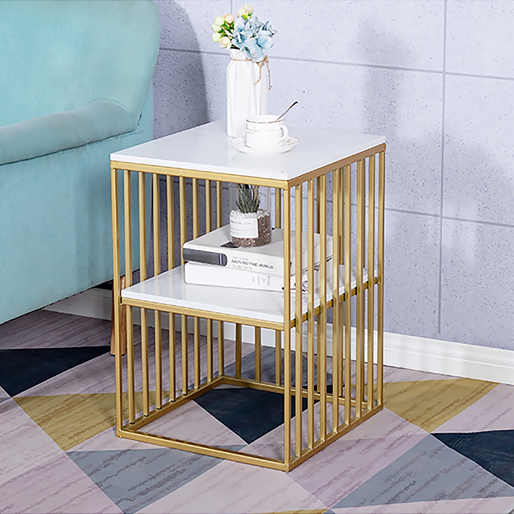 

White Faux Marble Square End Table for Living Room with Storage Shelf Gold Metal