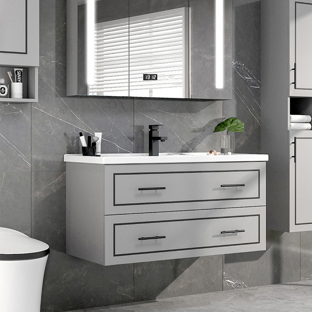 24" Gray Modern Floating Bathroom Vanity Single Ceramic Sink with Drawers