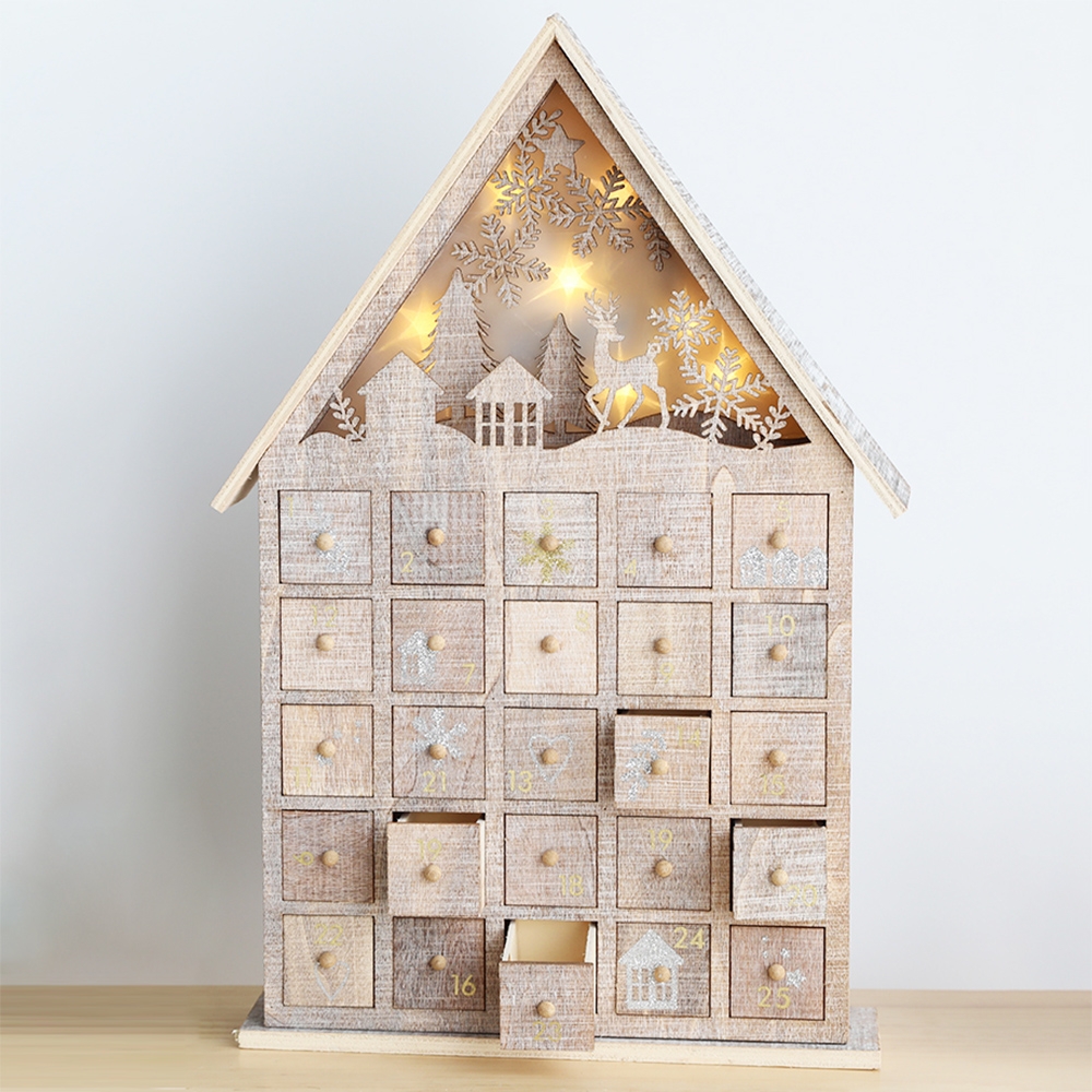 Christmas Solid Wood Calendar House Figurine Decoration With Light Cutout Deer Pine & Snow