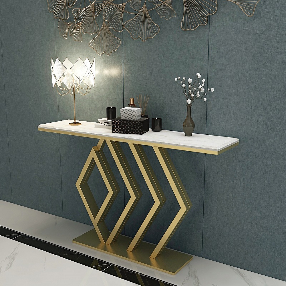 White Rectangular Narrow Console Table Luxury Modern Faux Marble Accent Table in Gold