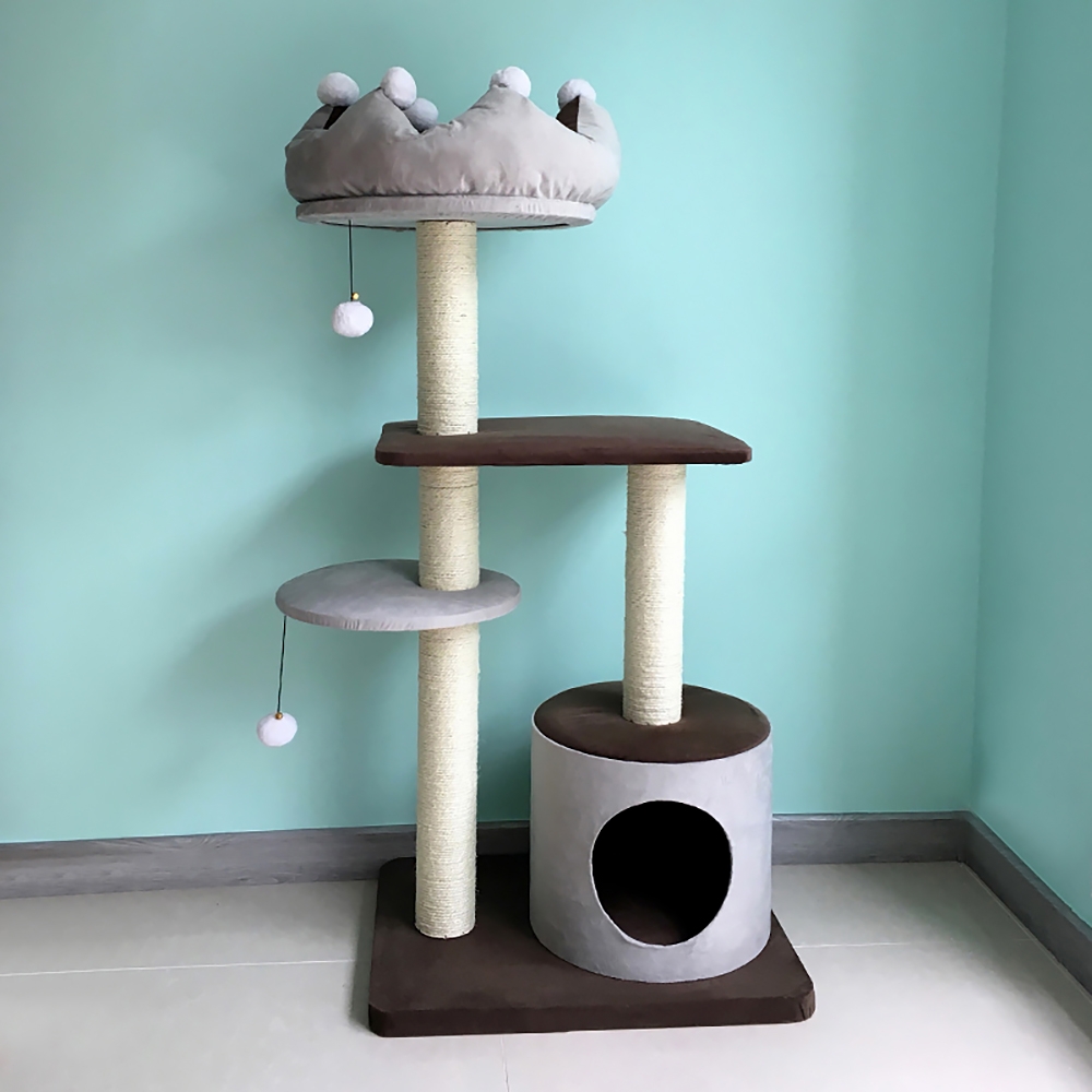 49.2" Crown 4-tier Cat Tree With Cat Bed And Perch In Gray Scratch Post & Teasing Toy