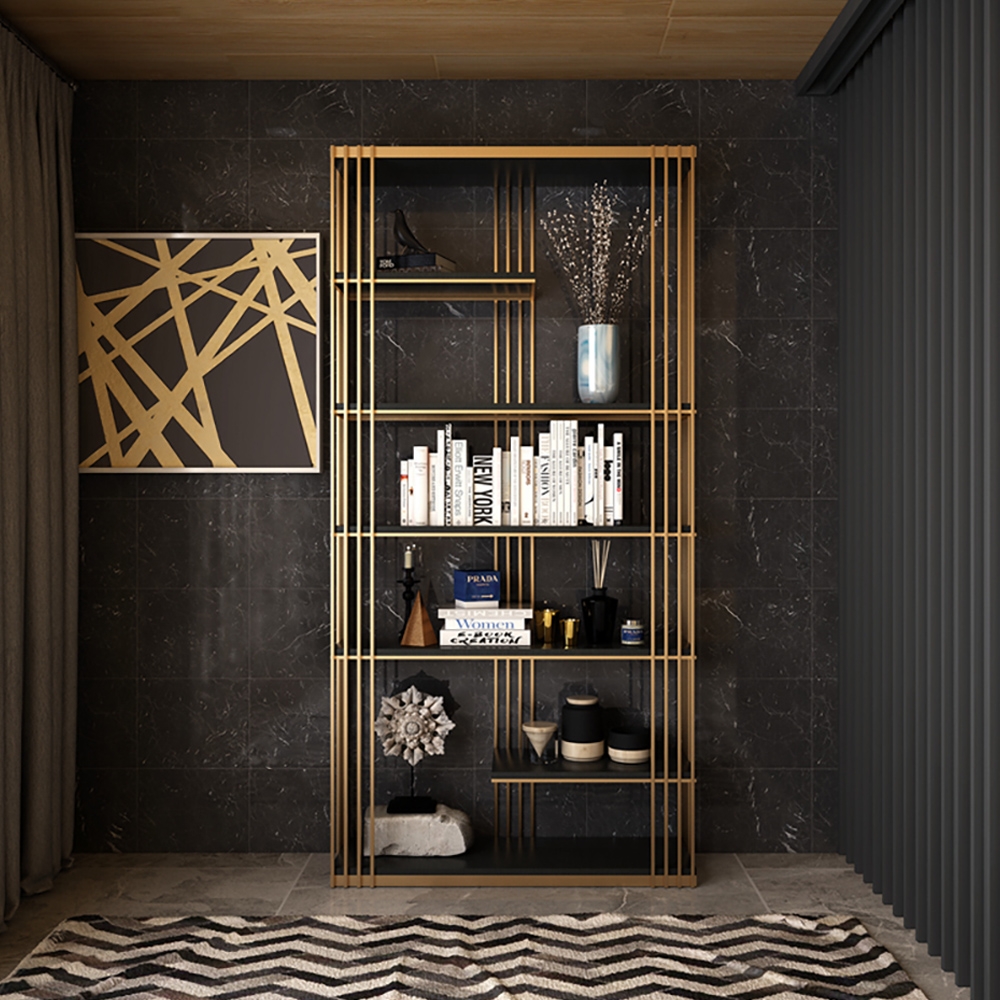 

Modern Luxury 6-Tier Etagere Bookshelf in Black & Gold Freestanding Bookcase
