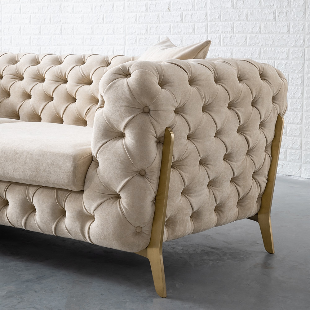 92" Beige Modern Chesterfield Sofa 3-Seater Button Tufted Back Leath-Aire Fabric