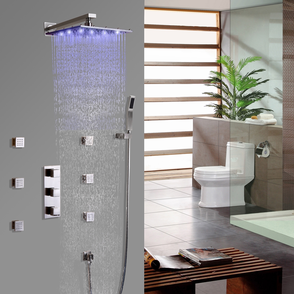 Luxurious 24 Inches Square Wall Mount Rain Shower System With Handshower & 6 Body Sprays In Brushed Nickel