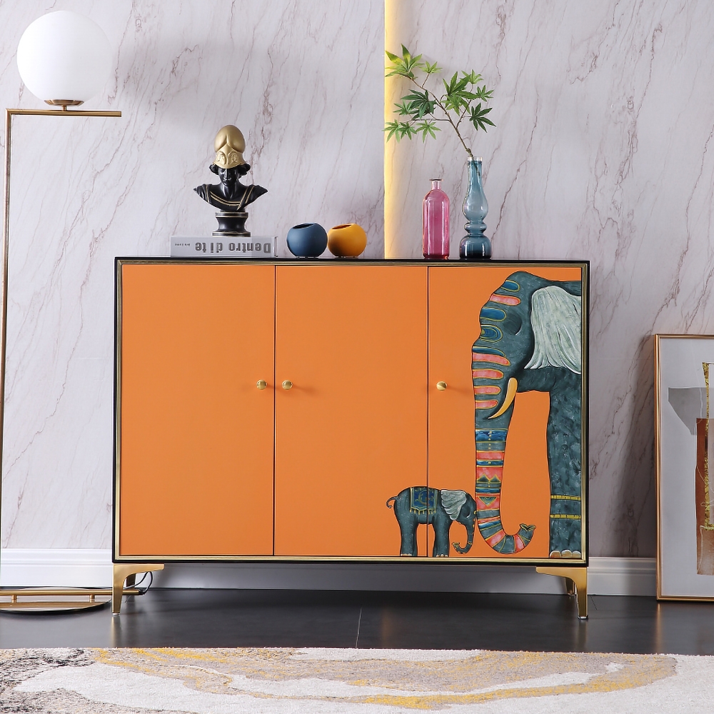 

Modern 47" Orange Sideboard Buffet Table 3 Doors Kitchen Storage Cabinet Hand-Painted