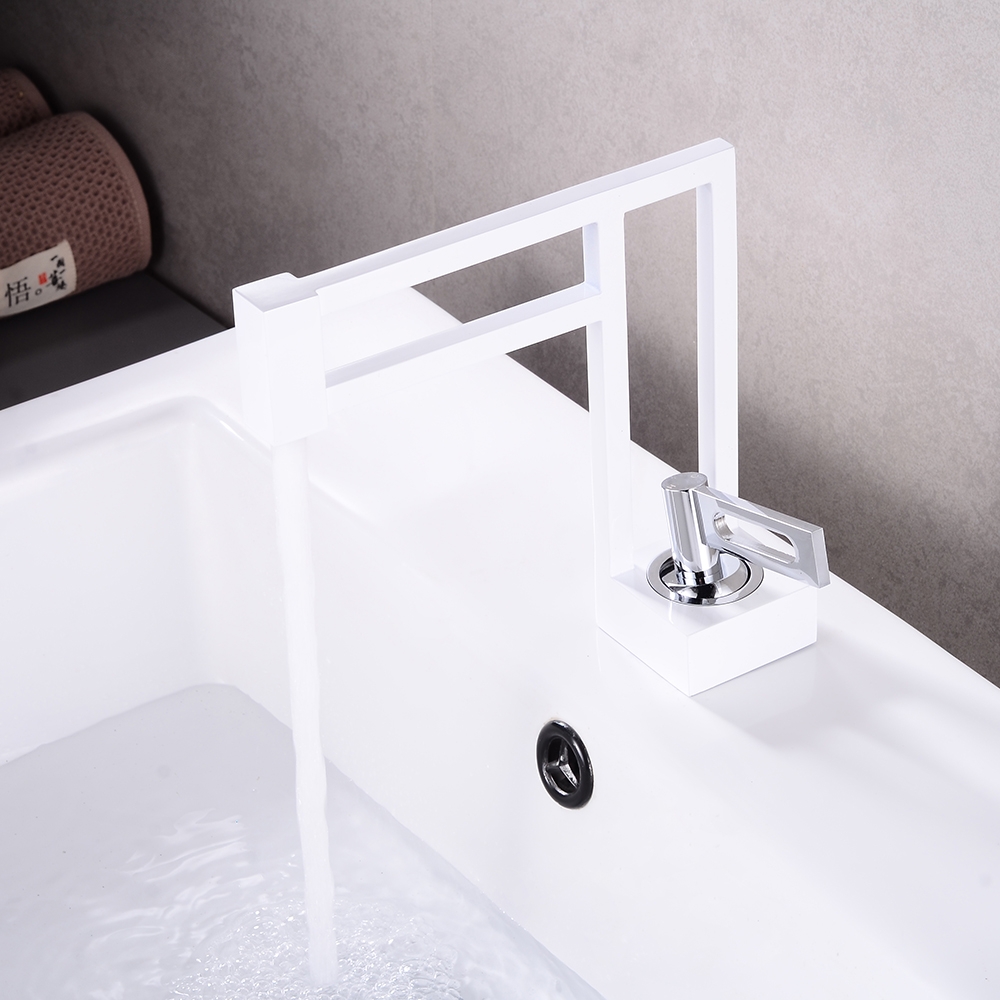 Single Lever Handle White & Chrome Geometric Bathroom Basin Tap Monobloc Solid Brass
