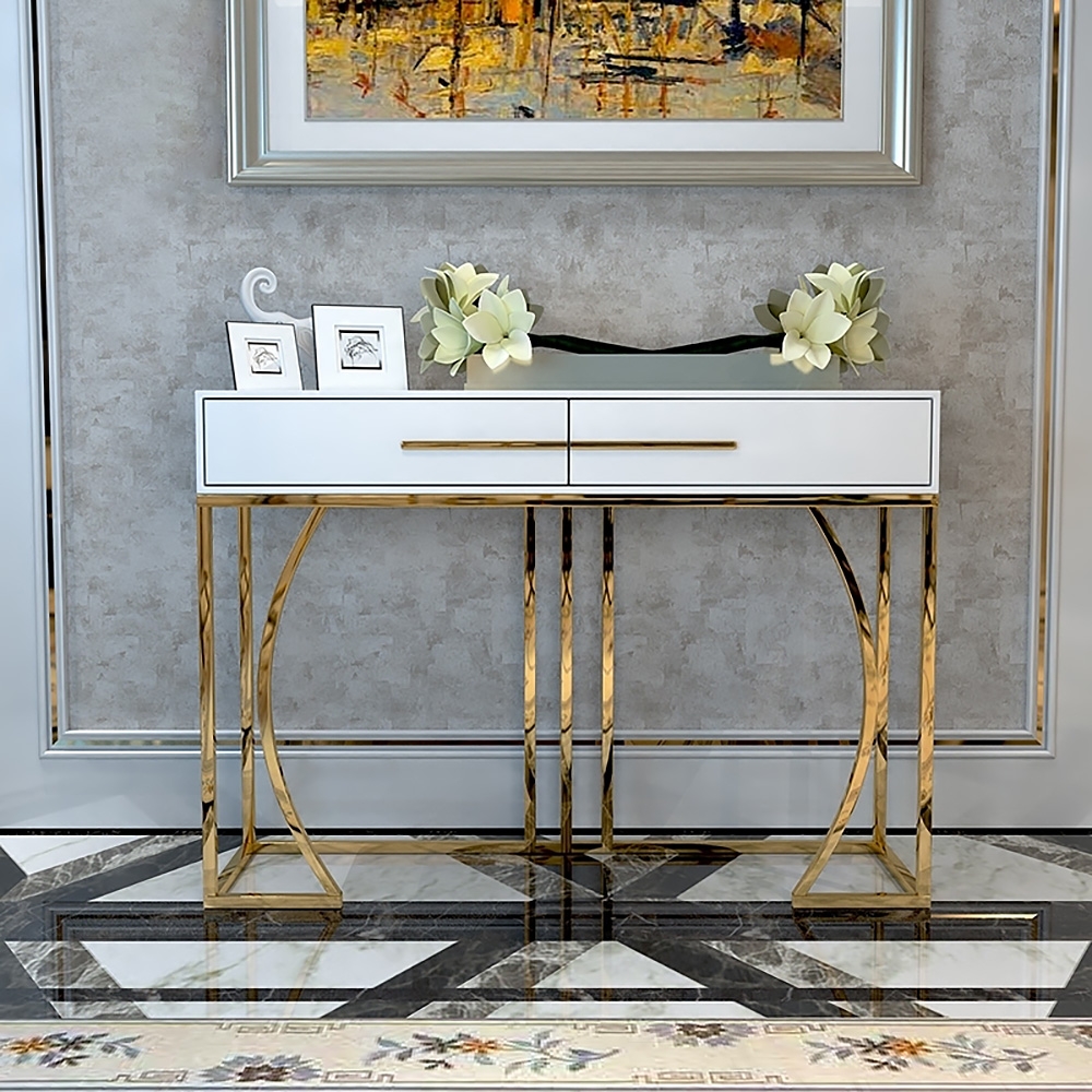 Modern White MDF Top Console Table with Drawers & Gold Stainless Steel