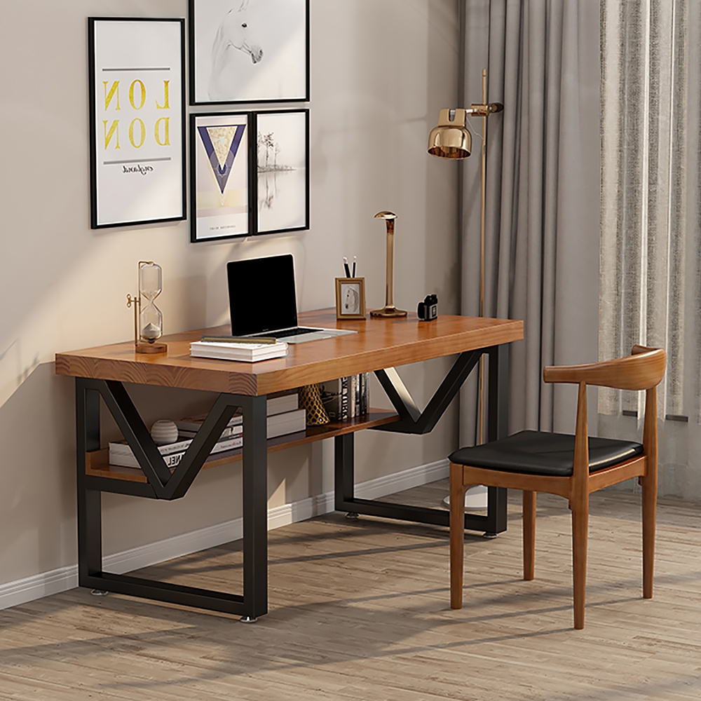Wood Writing Desk for Office with Black Metal Shelf in Large