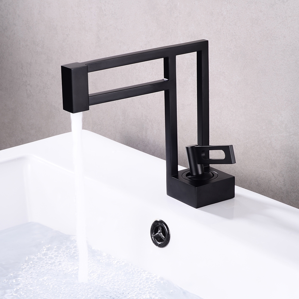 Single Lever Handle Black Geometric Bathroom Basin Mixer Tap  Mono Solid Brass