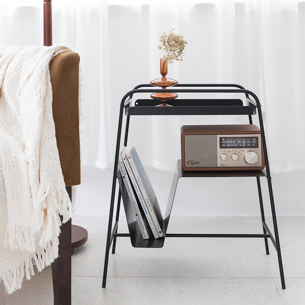 

Modern Black Metal End Table for Living Room with Tray Top & Shelves