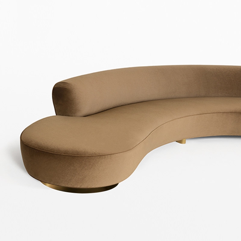 Mid-Century Modern Curved Circular Sofa 3-Seater Armless Velvet Sofa in Khaki Small