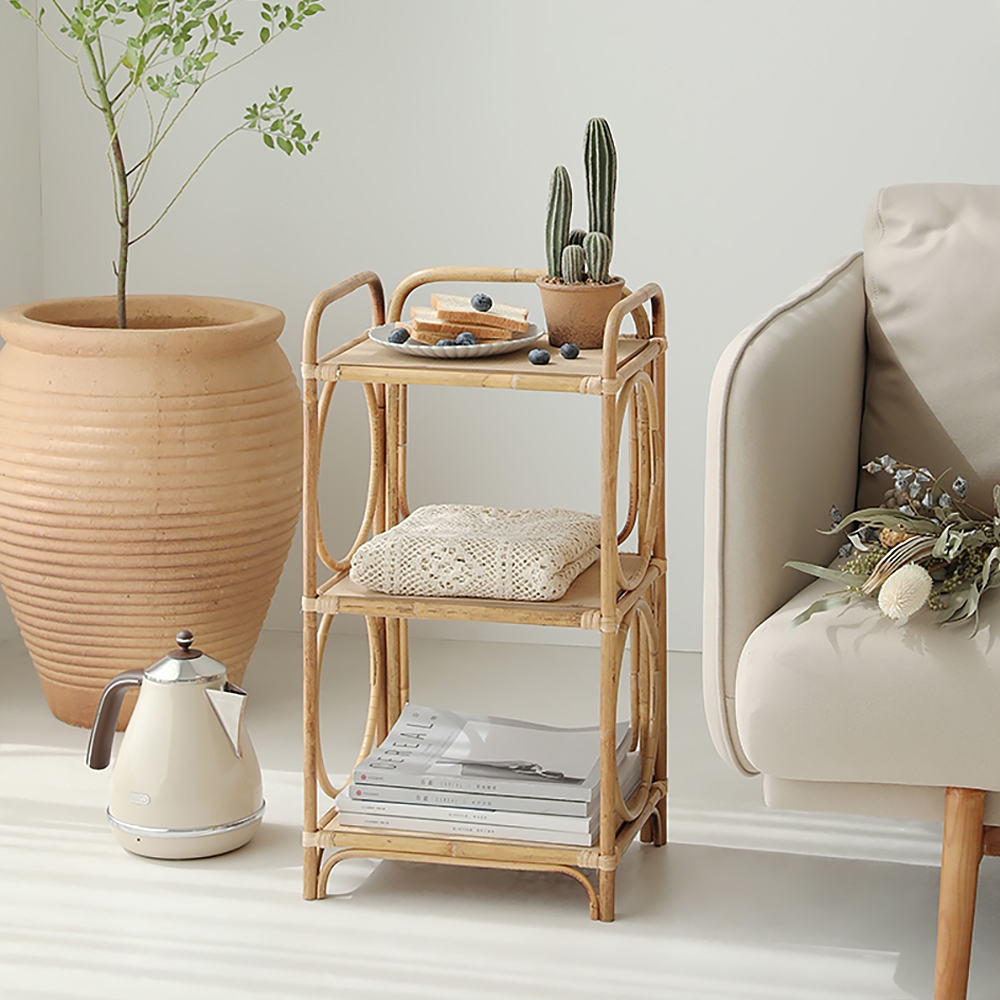 Rustic Rattan Standard Bookshelf with 3Tier Wooden Shelf Storage