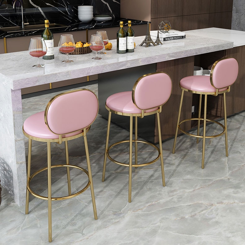 Modern Pink Faux Leather Upholstery, Round Metal Counter Height Stools