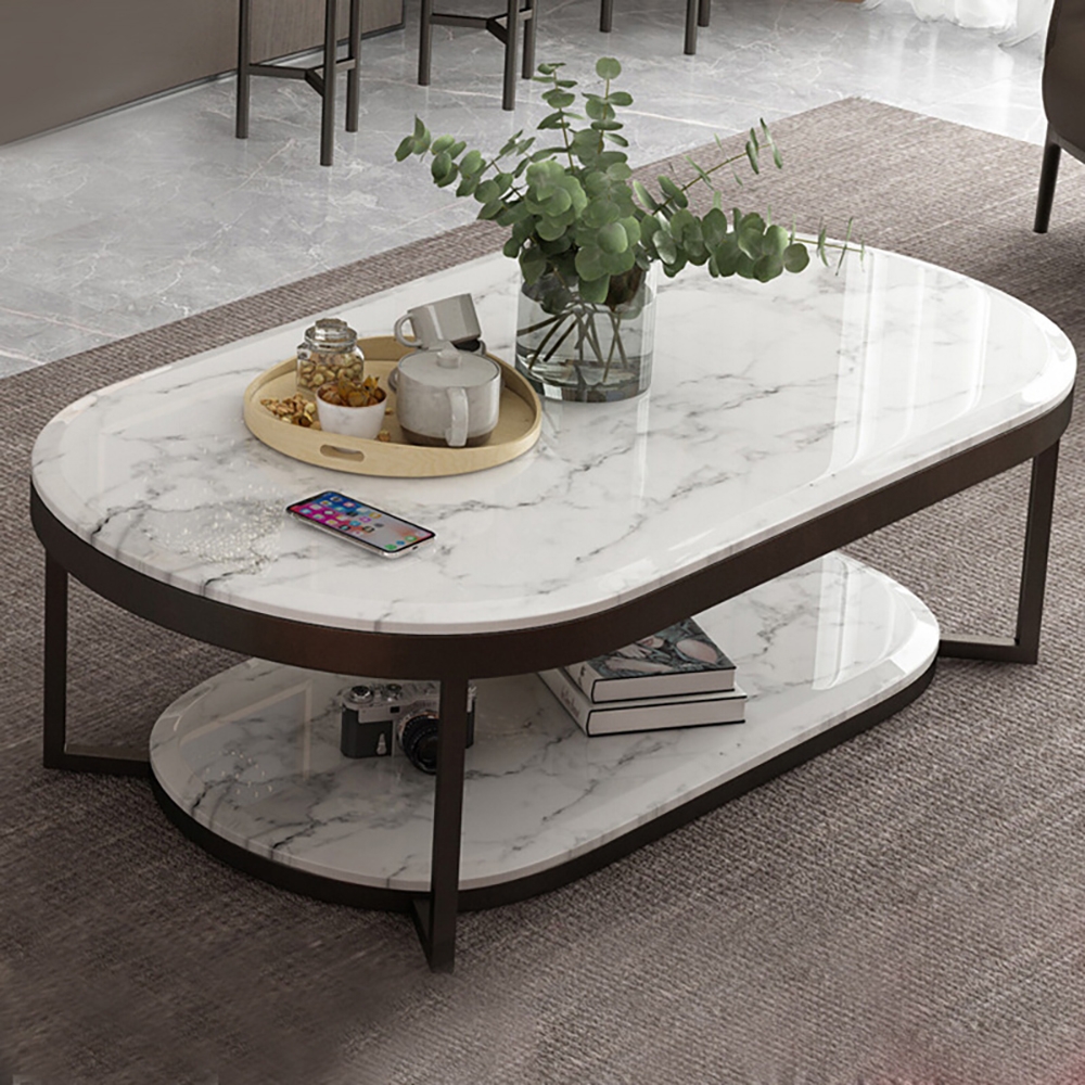 2-Tiered Modern Marble Coffee Table with Shelf Metal Frame