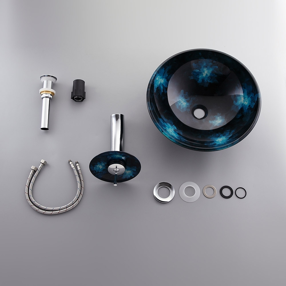 Dark Blue Tempered Glass Circular Counter Top Waterfall Tap Set Pop-Up Waste Included