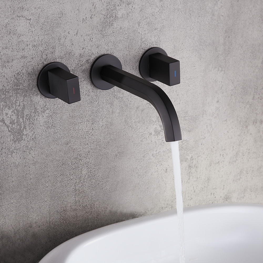 Modern Wall Mounted Aerated Spout Bathroom Sink Faucet Double Handle Finished in Matte Black Solid Brass