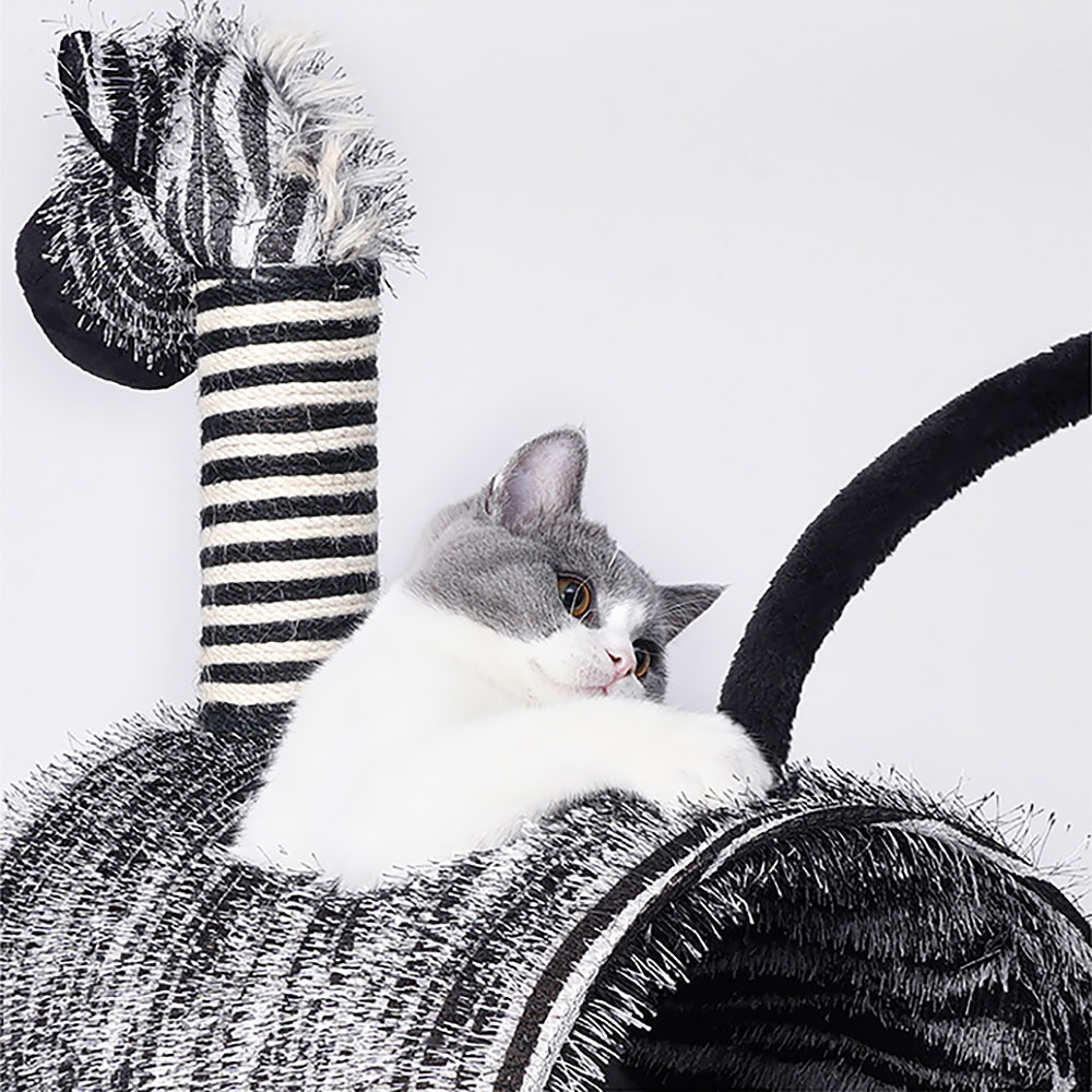 900mm Zebra Cat Tree Tunnel Scratching Post Sisal with Teasing Ball in Black & White