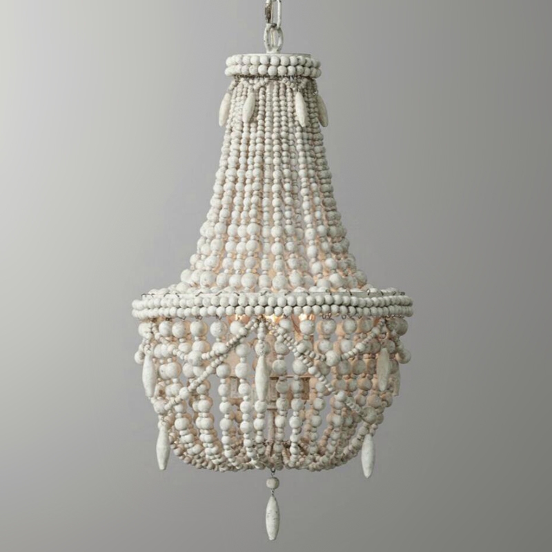 Classic Farmhouse Distressed Wood Beaded Basket 3-Light Chandelier in Antique White