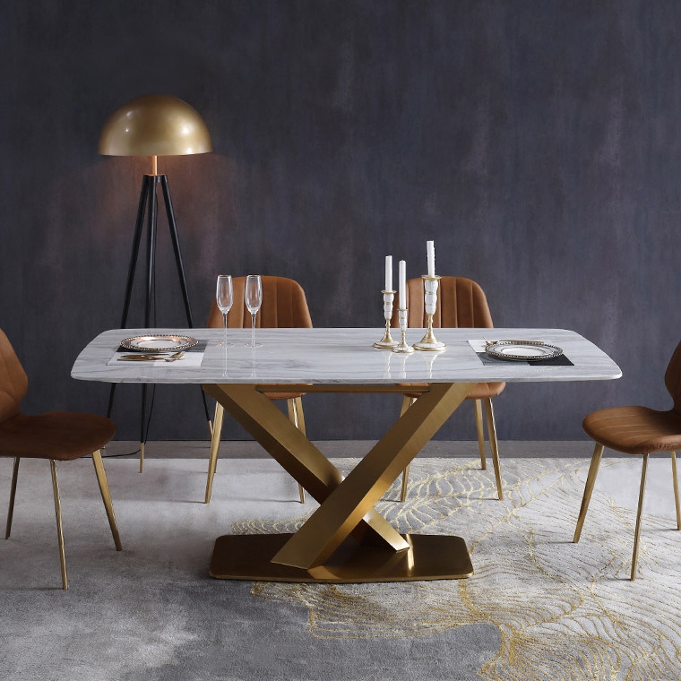 71" Rectangular Faux Marble Dining Table Gold XBase Stainless Steel