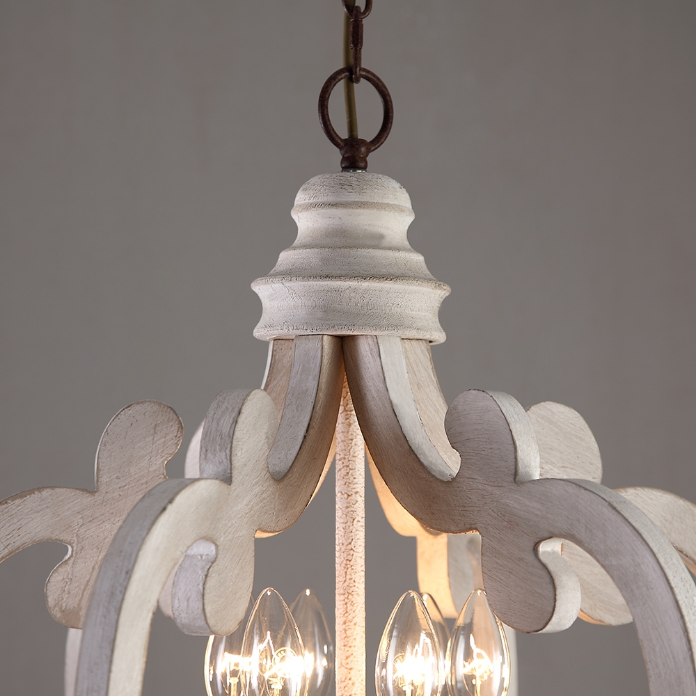 Vintage Elegant Weathered Wood & Iron 6-Light Candle-Style Chandelier in Distressed White