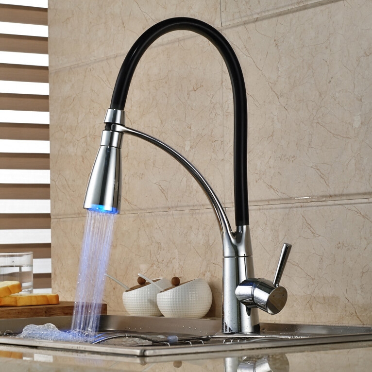 Modern Single Handle LED Kitchen Faucet with Pullout Sprayer Chrome & Black