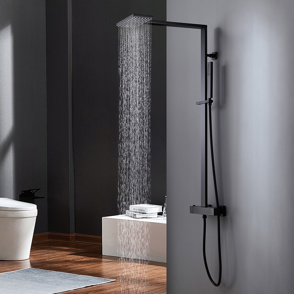 Thermostatic Shower Faucet Rain Shower And Hand Shower Exposed Shower System In Matte Black