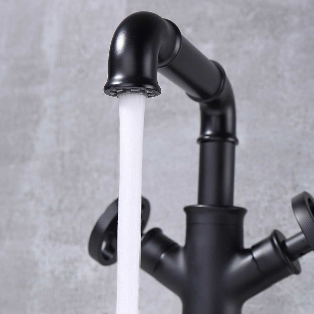 Ruth Industrial Pipe Bathroom Vessel Sink Faucet Matte Black 1-Hole 2-Handle Solid Brass